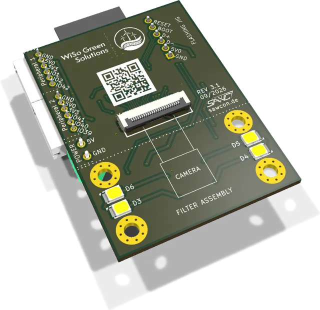 Kamera-Hauptplatine des ESP32-S3-Zählerlesers, Unterseite mit Kameraanschluss und LED-Gruppen