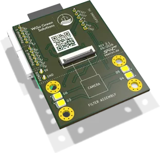 Kamera-Hauptplatine, Unterseite mit Kameraanschluss und LEDs